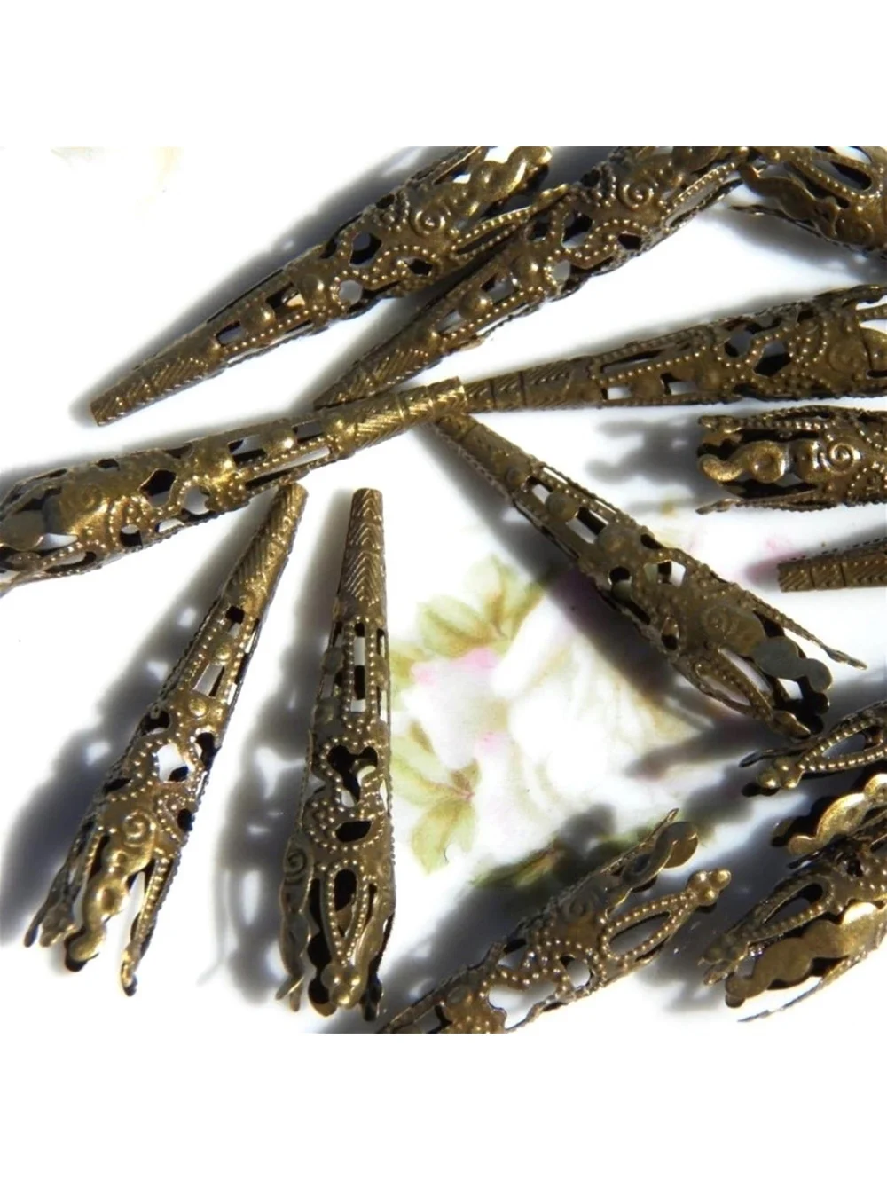 Bronze Antique Brass Victorian Style Long Cutout Filigree Cones Bead Caps 10 pcs